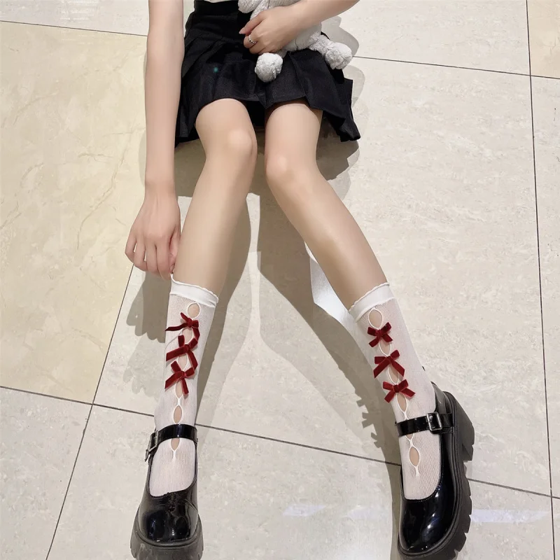 

Темно-белые бархатные носки до середины икры в японском стиле с бантом, ажурные носки до середины икры с оборками, ажурные носки