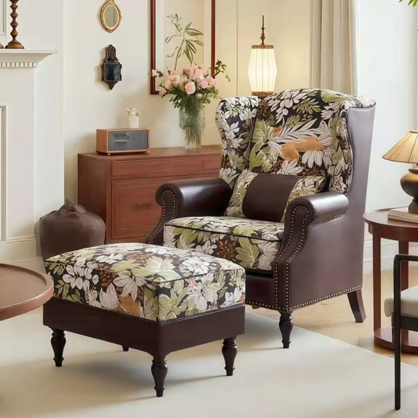 American country fabric sofa single retro rivet decoration living room bedroom solid wood furniture high back chair