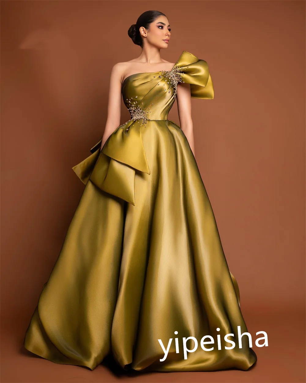 Women Customized Strapless Ball Gown Prom Dress Floor Length Beading Bowknot Satin vestido de festas longo casamento