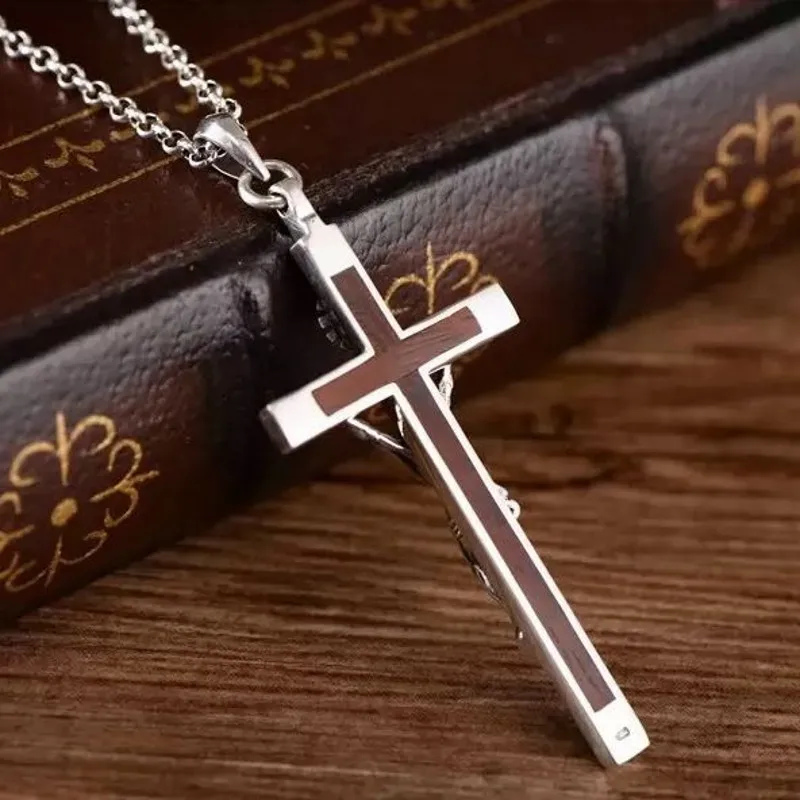 BOCAI 100% S925 Silver Jewelry Accessories Retro Sandalwood Cross Jesus Pendant for Men Personalized and Trendy Birthday Gift