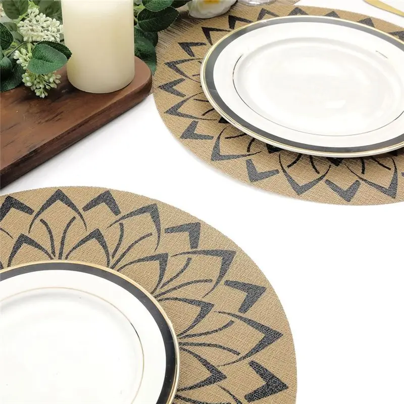 B62B Round Placemats Set of 6 Boho Flower Print Insulation Pad Non Slip Stain Wipeable PVC 15 Inch