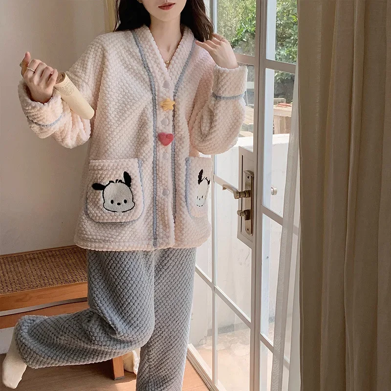 SanrioKuromi Pacha Dog Autumn and Winter V-Neck LongCoral Fleece Women's Pajamas Sweet ComfortableWarm Homewear Set Long Sleeves