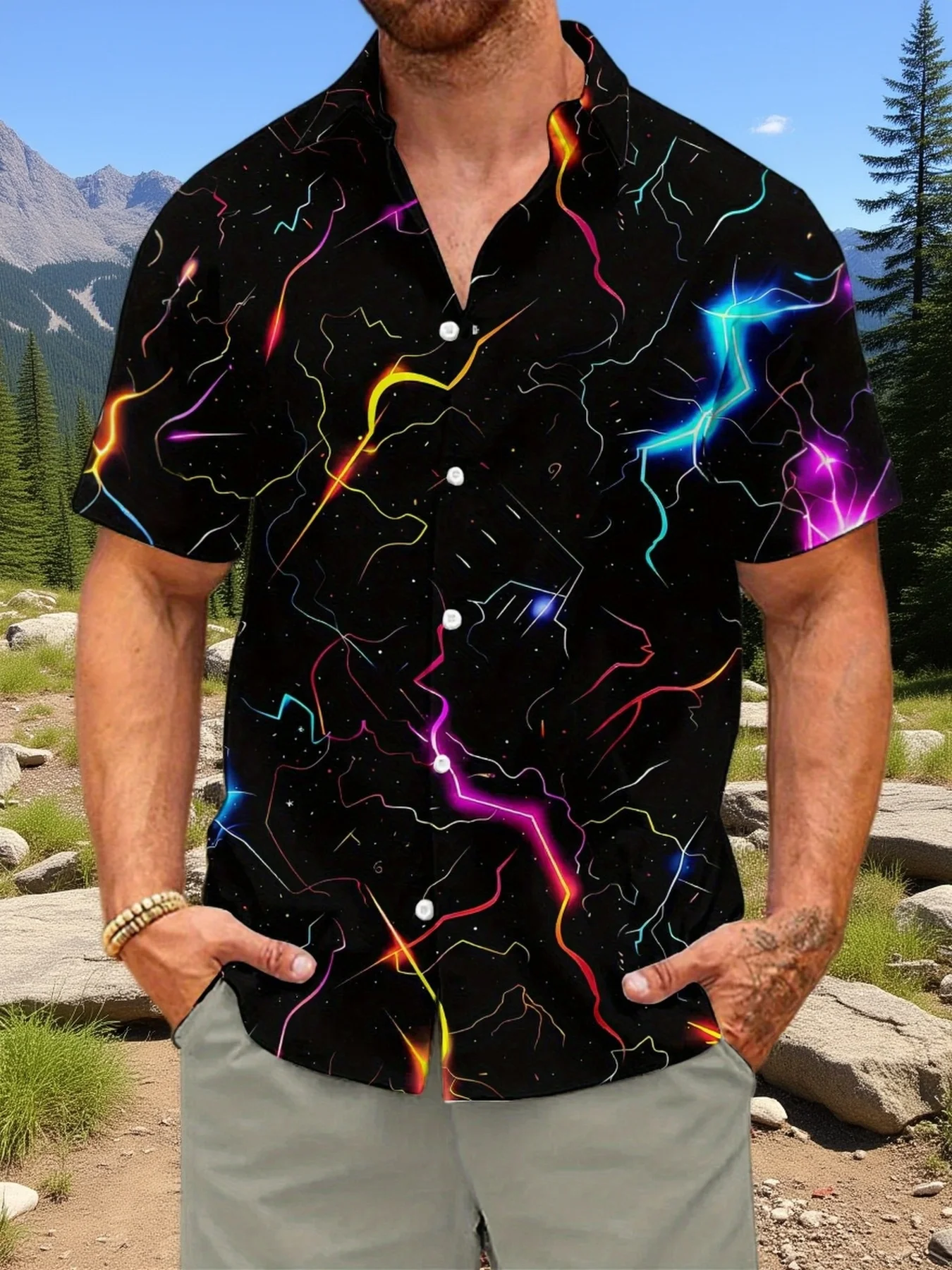 Men's Shirt Colorful Lightning Galaxy Print Short Sleeve Lapel Button Shirts Summer Beach Vacation Casual Tops Men Clothing