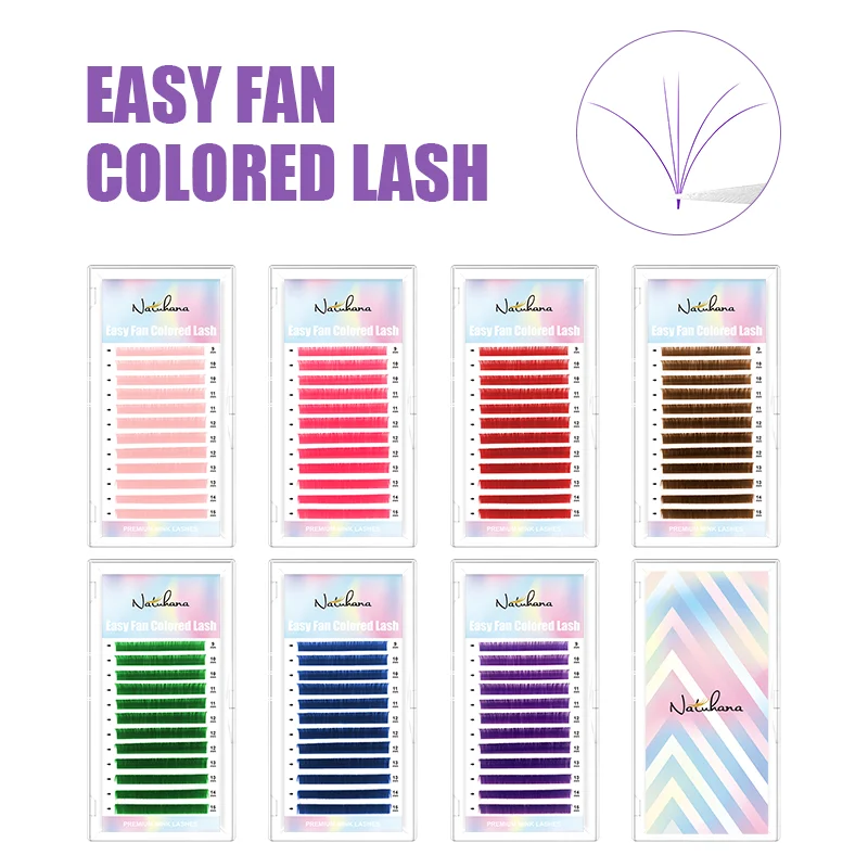 NATUHANA Easy Fan Colored Eyelashes Auto Fan Fast Fanning Fake Lashes PBT Mink Rainbow False Eyelash Extension for Makeup