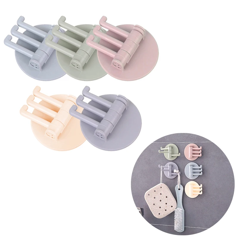 Self Adhesive Wall Hooks Key Towel Holder Clothes Bags Rack Hanger  Powerful 3 Branch Rotating Hook Kitchen Bathroom Accessories