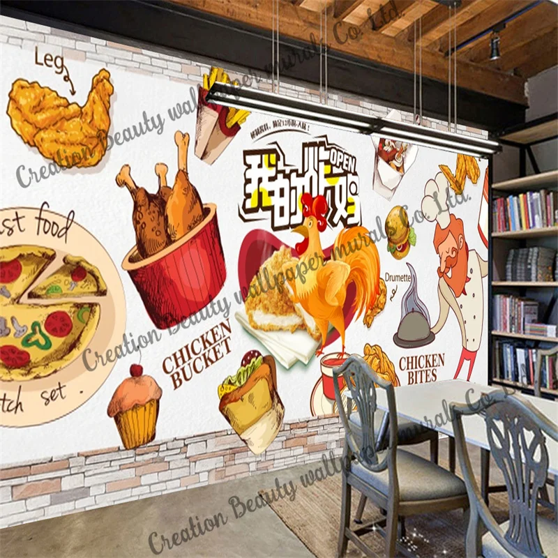 Custom Wallpaper Fried Chicken Burger Pizza Mural Restaurant Snack Bar KTV Background Wall Paper Papel De Parede Contact Paper