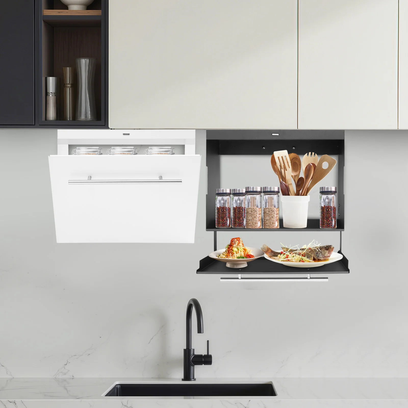 

Двухуровневая кухонная полка для хранения с откидной крышкой, органайзер для специй, настенный органайзер для специй, подвесной органайзер под шкаф