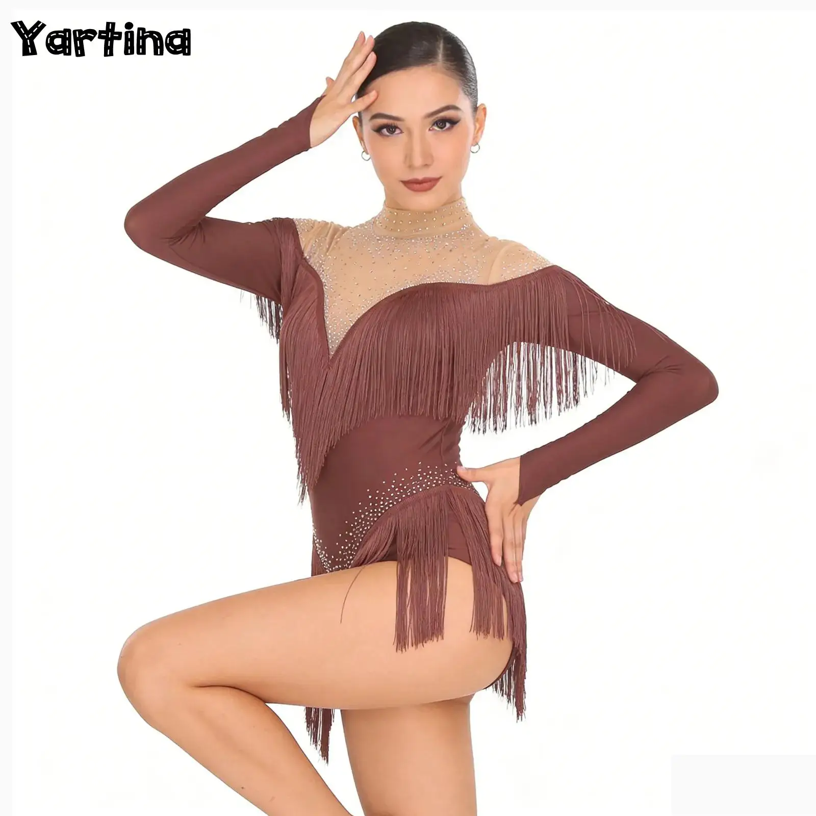 

Женский костюм для латиноамериканских танцев с бахромой, блестящими стразами, для выступлений на сцене, гимнастики и фигурного катания