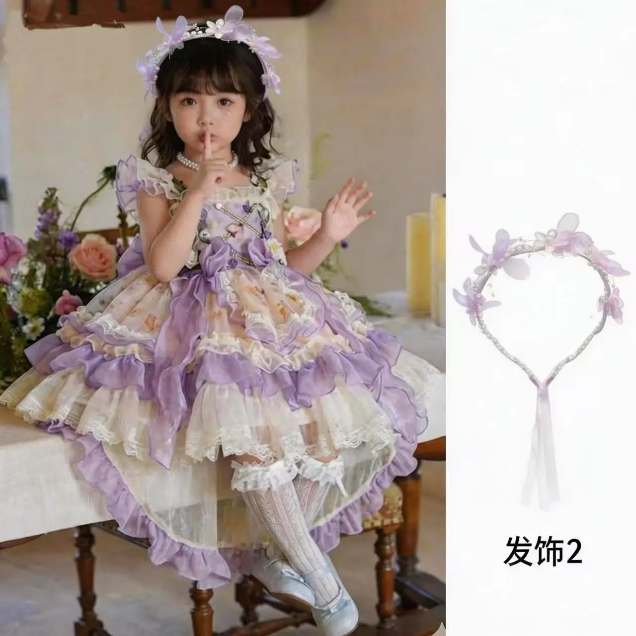 Baby Girl Summer Shiny Purple Sweet Lolita Lace Princess Gauze Ball Gown Floral Lace Dress Birthday Party Eid Childen Clothing