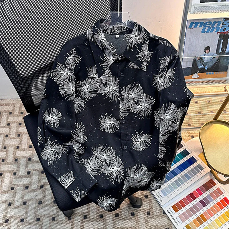 

Men's Printed Sequin Ice Silk Shirt Spring Summer American Casual Fashion Loose Wrinkle Resistant Lapel Long Sleeve Shirts