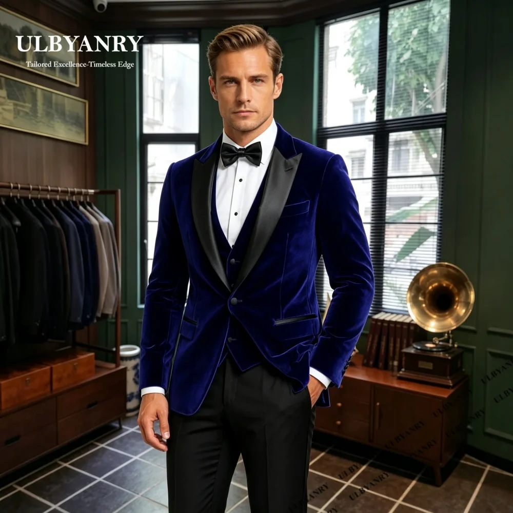 Classic Blue Three Pieces Suit Set for Men Formal Velvet Tuxedo Dinner Evening Prom Suit Attire Jacket Vest Pants Customized