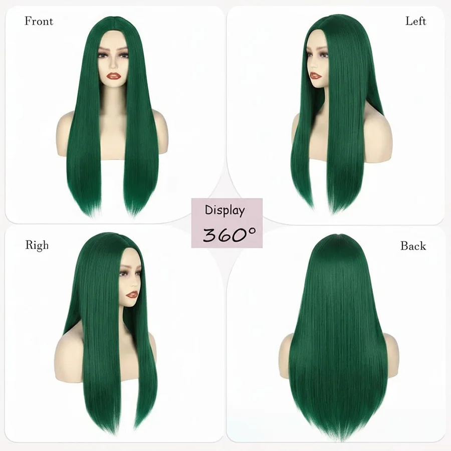 24inch  Green Wig Long Straight Hair Wigs Middle Part Natural Heat Resistant Synthetic Fiber Party Cosplay Costume Full Wigs