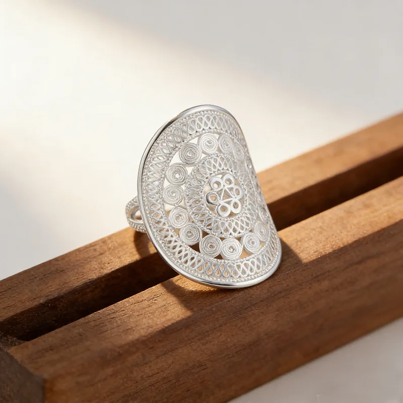 WJFH-ARTS 925 Silver-Plated Hollow Geometric Patterns Open Ring For Women Exquisite Light Luxury Wide Rings Jewelry Wholesale