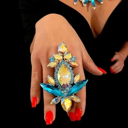 Fashion Blue Crystal Exaggerate Rings Decoration for Women Wedding Bridal Accessories Statement Large Ring Finger Jewelry Gift