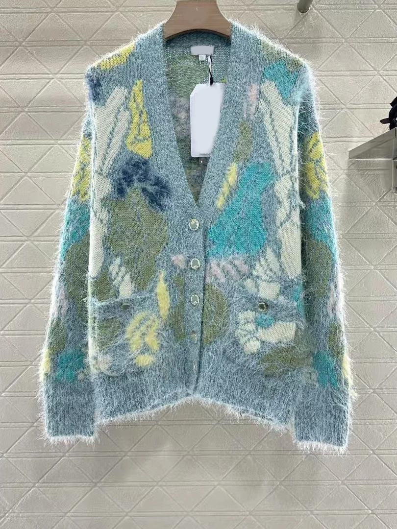 

2025 Early Autumn New Women's High-Waisted Half Skirt & Colorful Floral Leaf Print Mohair Knit Cardigan Set