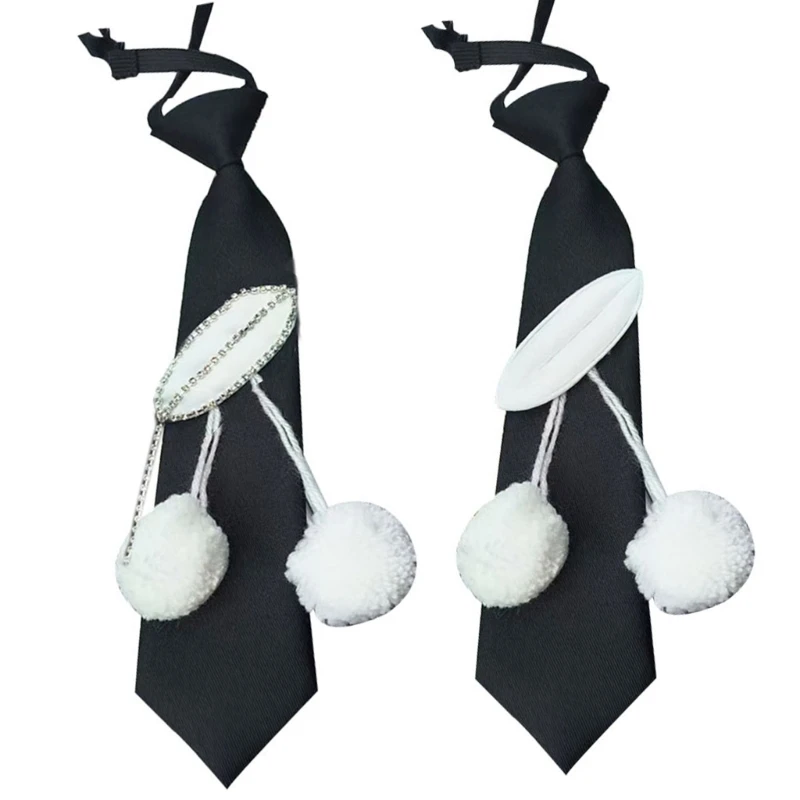 Pre Tied Necktie with Rhinestones and Plush Balls Student Uniform Black Neck Tie