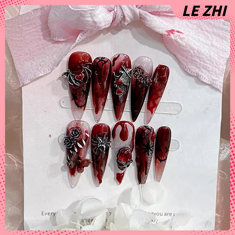 Indywidualność Spice Girl Blood Red Long Almond Wearable Press on Nails 3D Ruby Rose Decoration Fashion Artificial Full Cover Nail