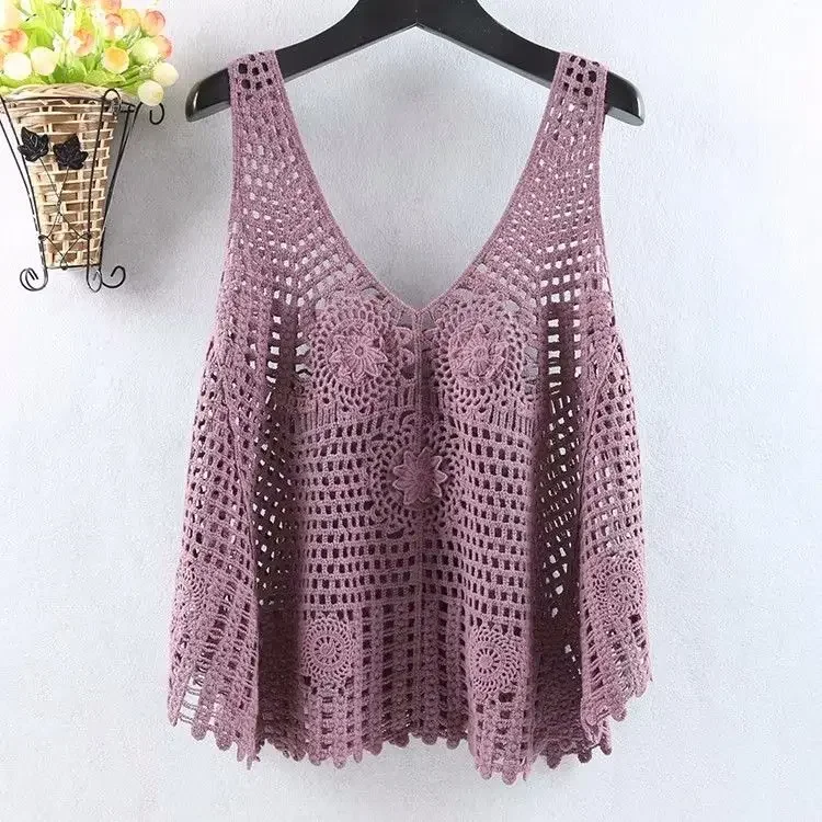 

Hollow Knit Vest Ladies Sling Short Top Woman Crocheted Short Tank Tops Female Comfortable Sleeveless Camis Tops Camisole F577