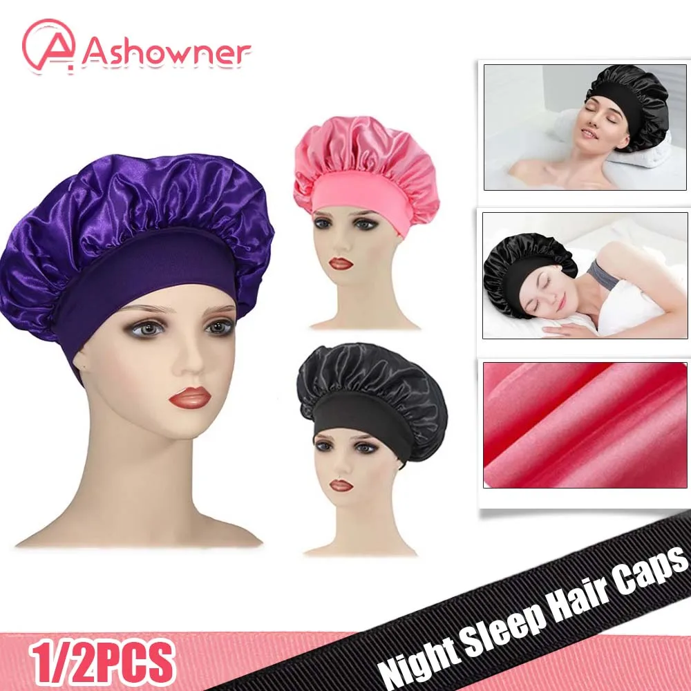 

Women Night Sleep Hair Caps Double Layer Adjust Head Cover Hat Silky Bonnet Satin Shower Caps Styling Hat Hair Wrap Hair Tool