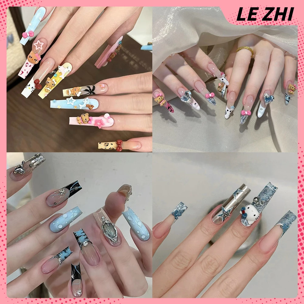 

Y2K Spice Girl Hello Kitty Handmade Long Nail Party Sticker Magic Mirror Pink Diamond French Striped Leopard Print Press On Nail
