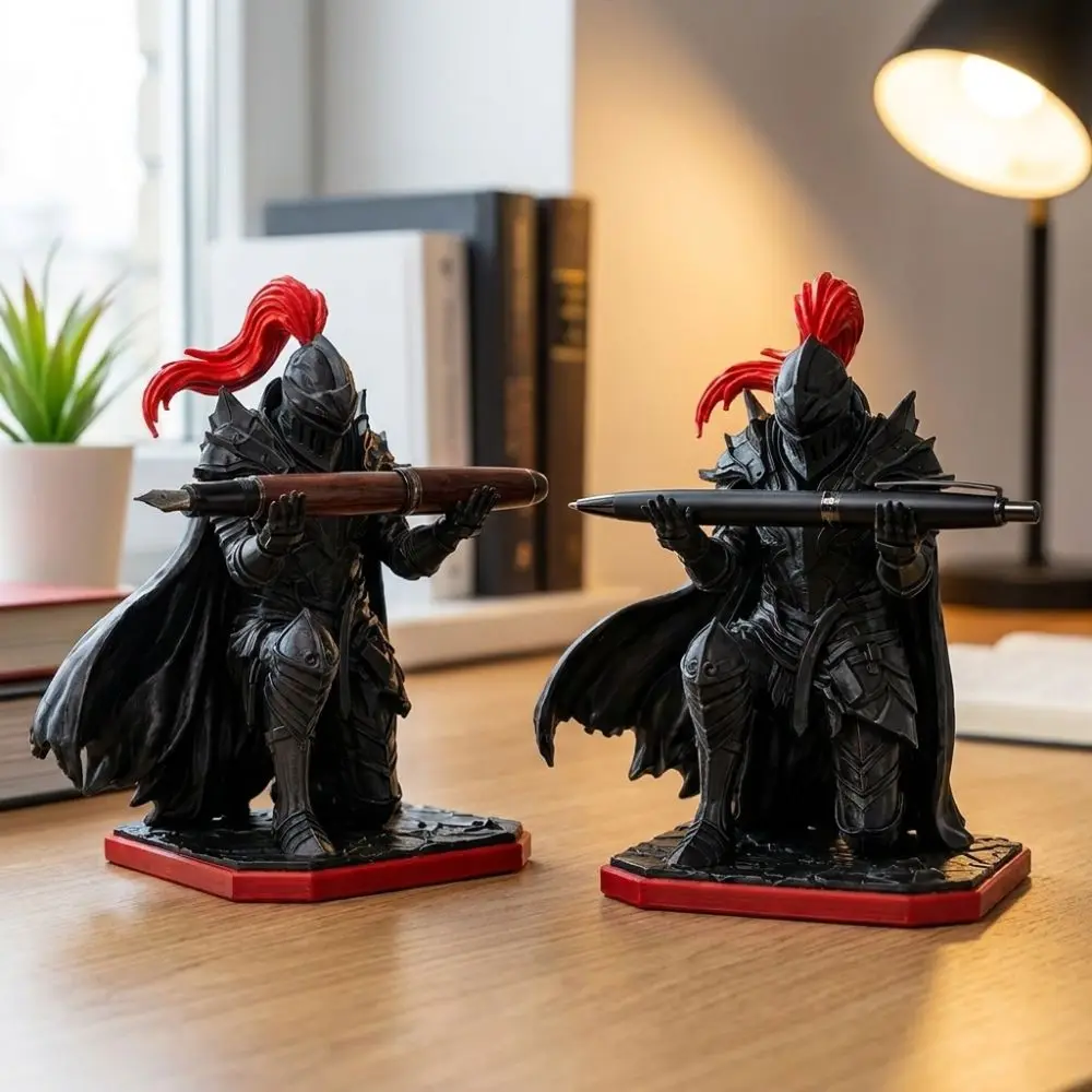 Plastic Kneeling Knight Pen Holder Statue 3D Printed Novelty Gift Dark Knight Desktop Pen Holder Red Plume Pen Display Holder
