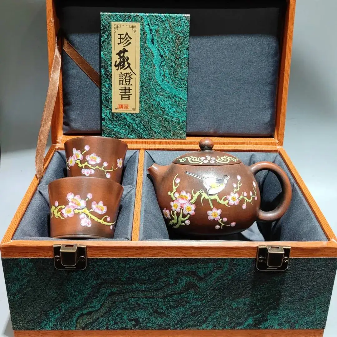 Purple teapot Yixing Purple Clay Teapot Kiln discoloration Magpie and Plum  Blossom Pattern Xishi Pot 2 cups a set Kettle Teapot