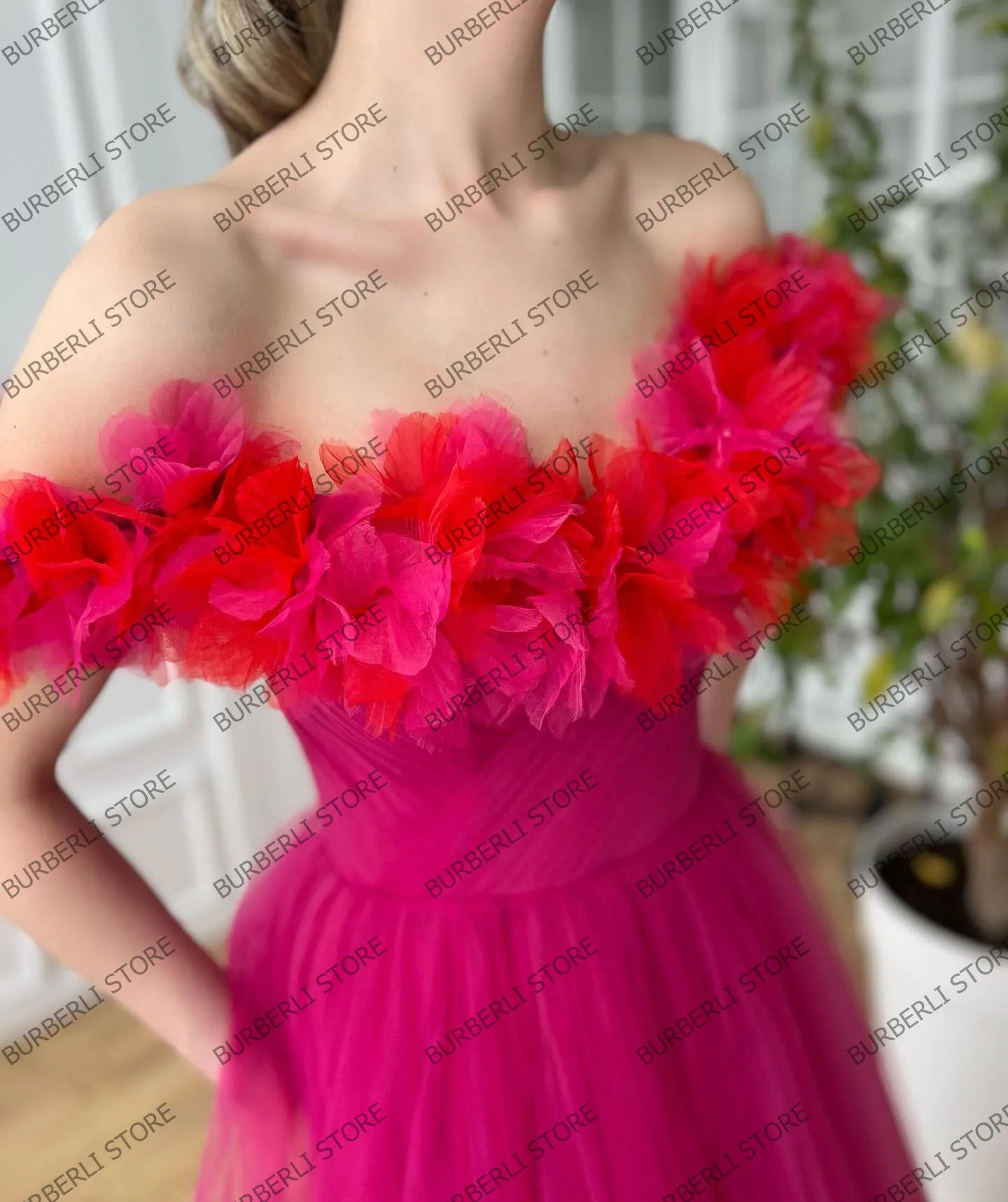 Off The Shoulder Floral Mesh Prom Dresses Pretty Flowers Ruffles A Line Evening Dress Puffy Tulle Tea-length Party Gowns