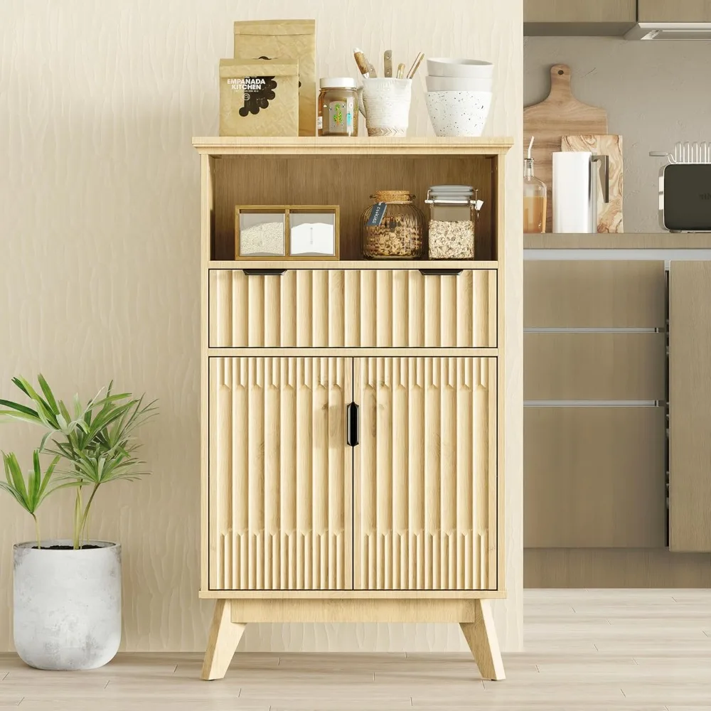 

24" wide bathroom floor cabinet, kitchen buffet cabinets with adjustable shelf, modern fluted accent cabinet credenza for dinnin