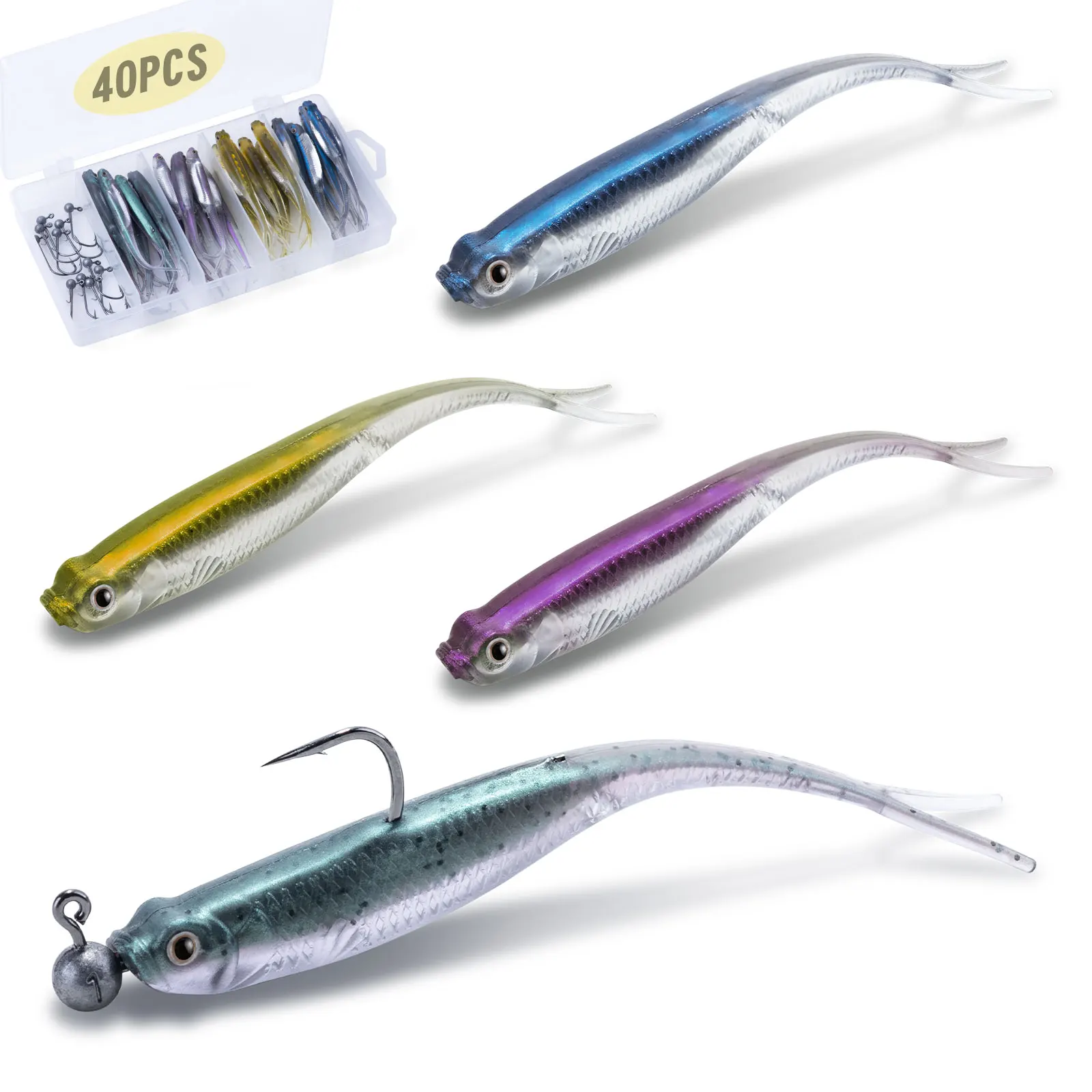 

Goture 40Pcs Soft Lure 7cm Split Tail Lead Fish Swimbaits with 10pcs Hooks Silicone Artificial Fishing Bait for Saltwater