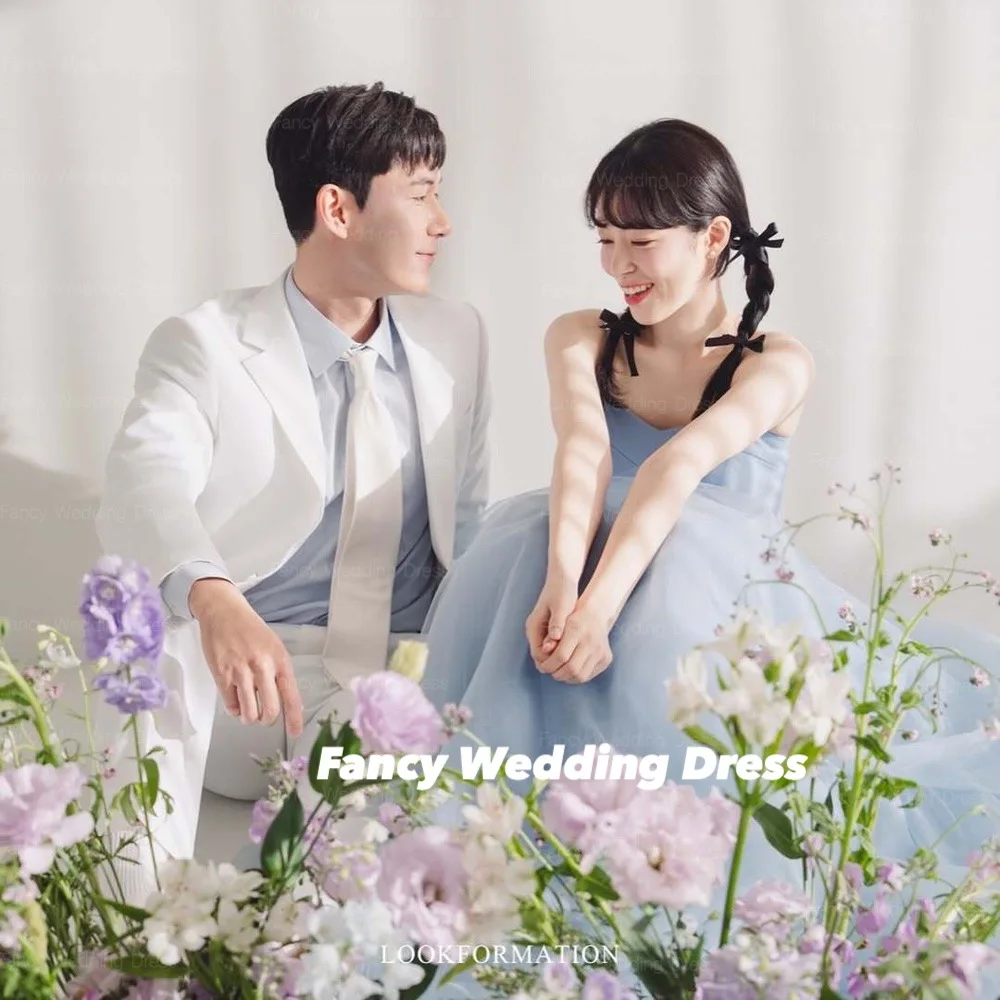 Fantasia semplice cielo blu tulle Corea matrimonio servizio fotografico abito innamorato abiti da sposa lunghezza pavimento corsetto posteriore personalizzato