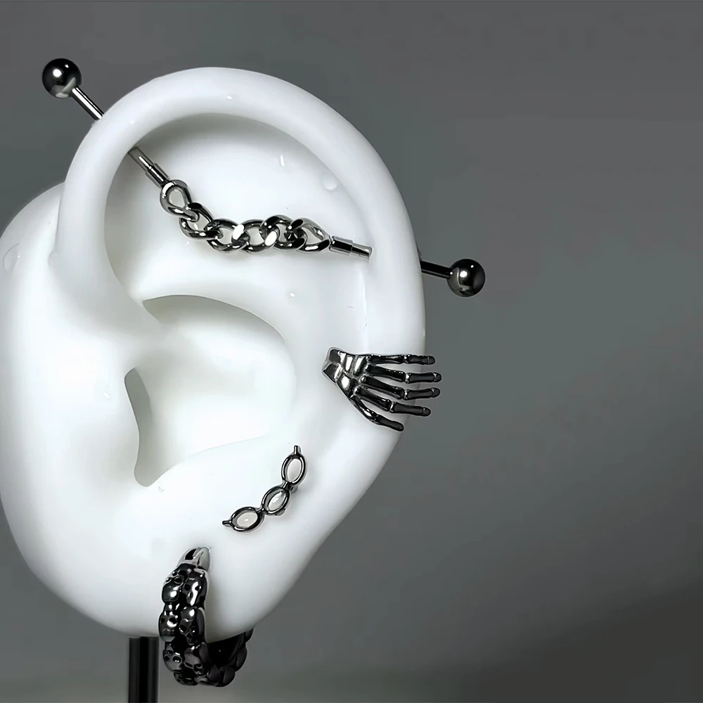 1PC Stainless Steel Chain Industrial Barbell G23 Hollow Ear Tragus Cartilage Earrings Skull Hand Lobe Helix Earrings Piercing