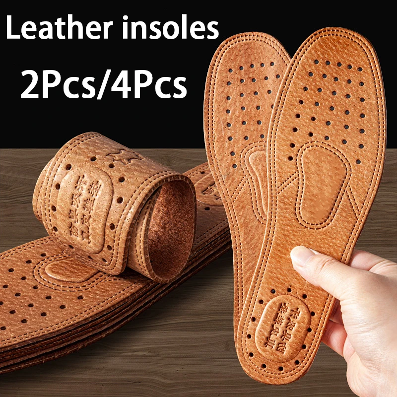 Cowhide Leather Insoles Breathable Perforated Deodorant Sweat‑Wicking Shoe Inserts Cushion Pads for Men Formal Leather Shoes