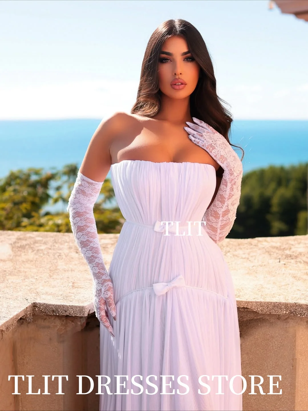 TLIT Luxurious White Chiffon Lace A-Line Wedding Dresses Customized Strapless Pleats Bows Decoration Lacee Cuff Bridal Gowns