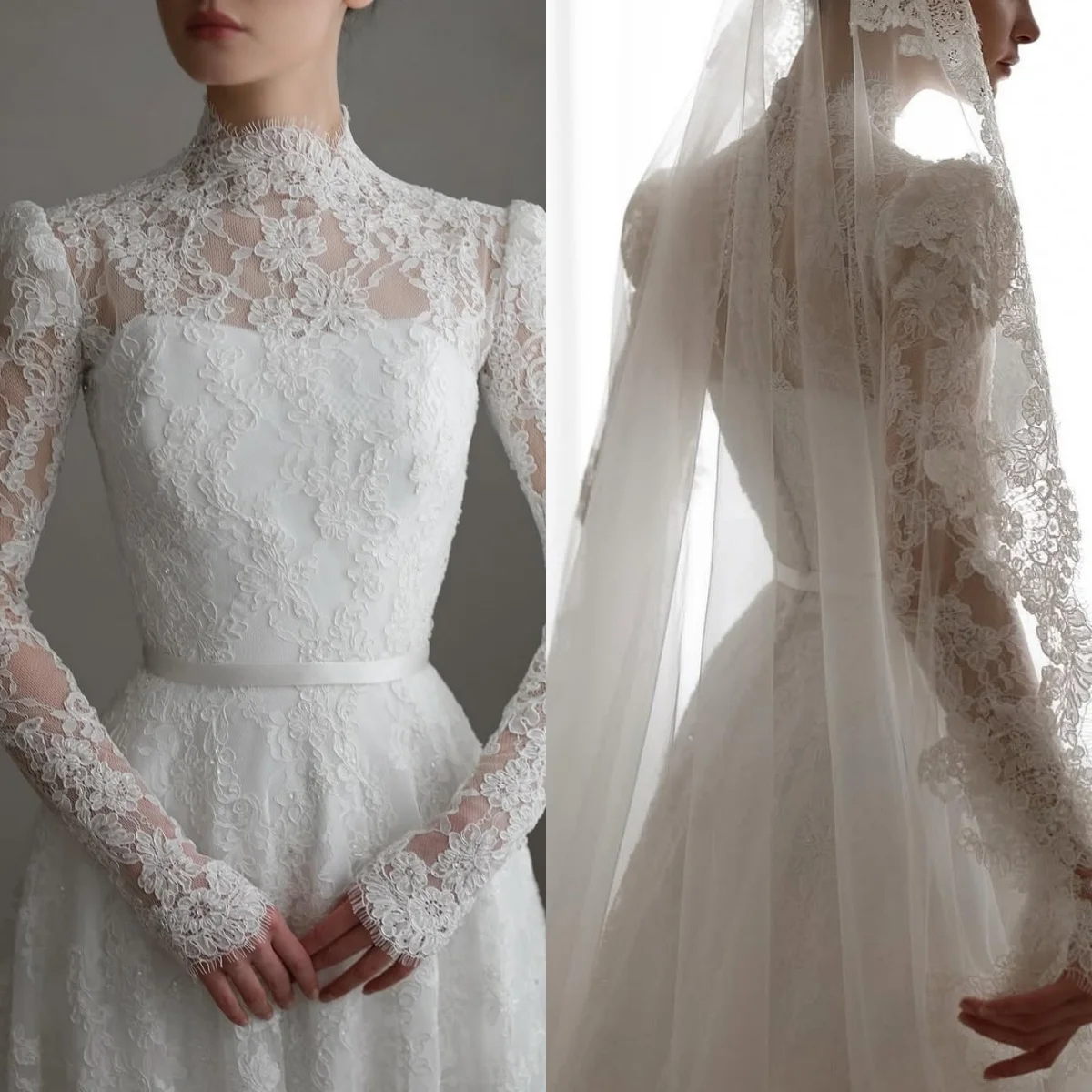 맞춤 제작된 흰색 레이스 클래식 웨딩드레스, 우아한 분위기의 몽환적인 지퍼 백 브라이덜 가운, 긴 소매와 하이 칼라 드레스