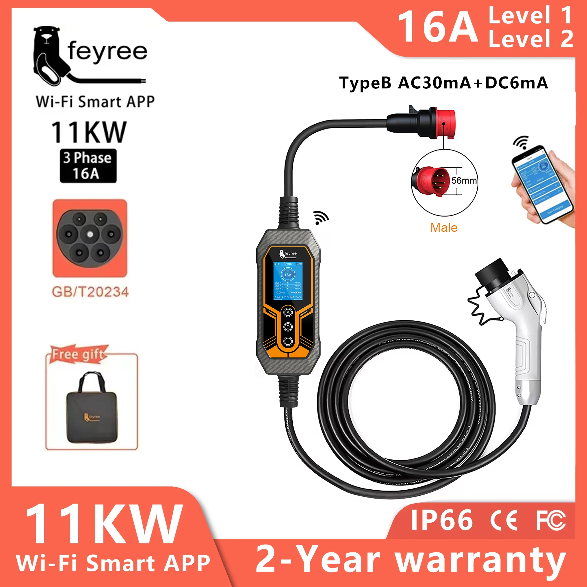 feyree GB/T Portable EV Charger EVSE 11KW 16A 3Phase APP WIFI Version 7KW 32A 1Phase for Electric Vehicle Car Charger