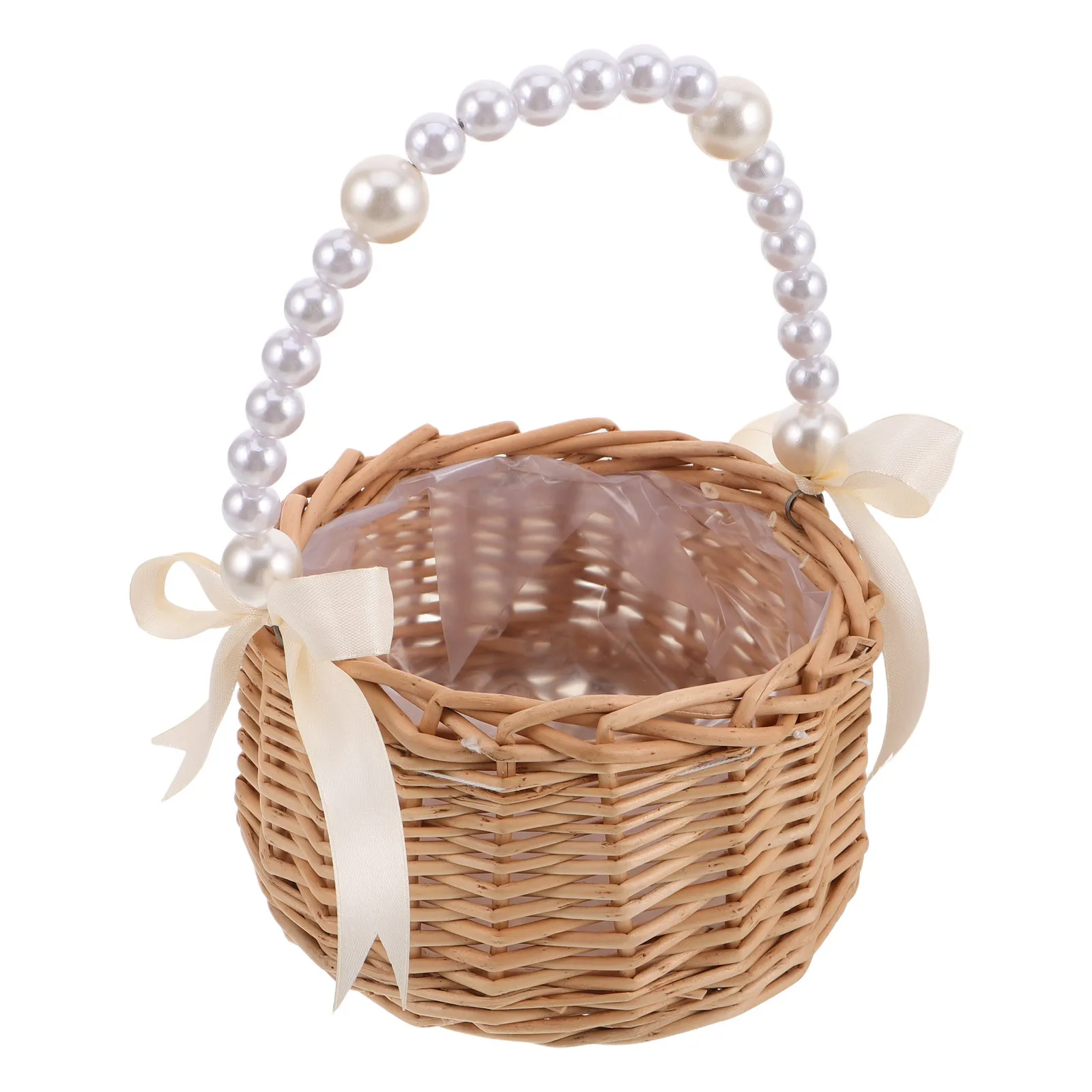 

Decorative Flower Girl Basket Small Handwoven Rustic Wedding Basket Bowknot Pearl Floral Holder Handle Ceremony Petal Storage