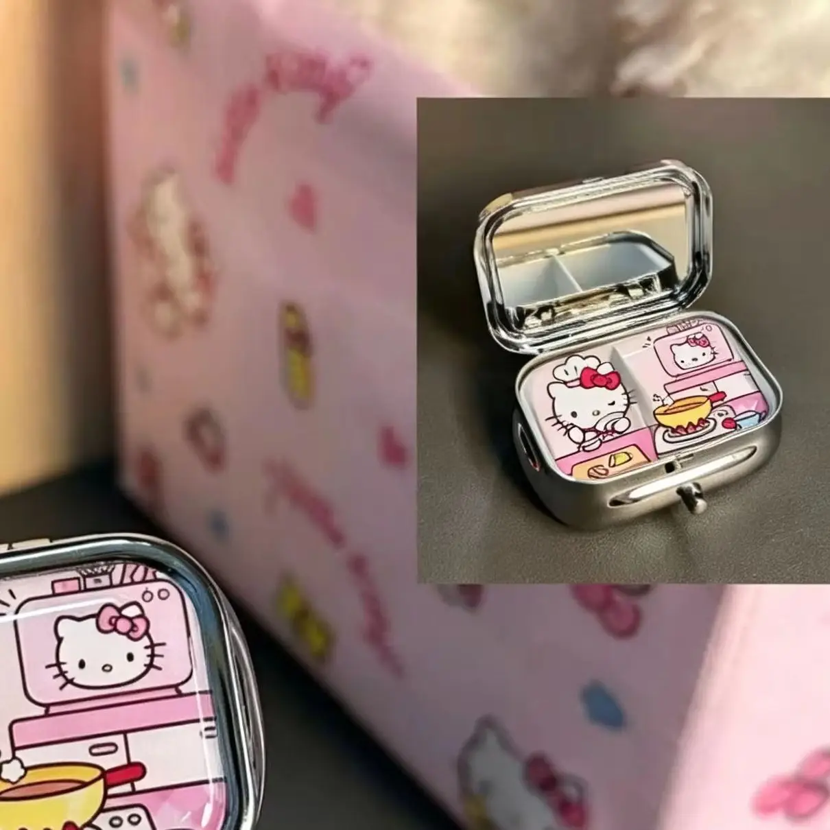 Anime Hello Kitty Metal Storage Box Pill Organizer Compartmentalized Cute Cartoon Mini Jewelry Box Candy Container Kawaii