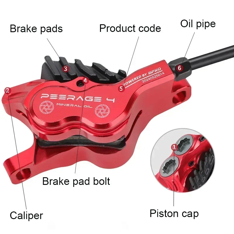 4-piston mountain bike hydraulic brakes Mineral Oil Disc Brake Caliper 800/1550mm Full Internal Cable routing MTB Disc Brake