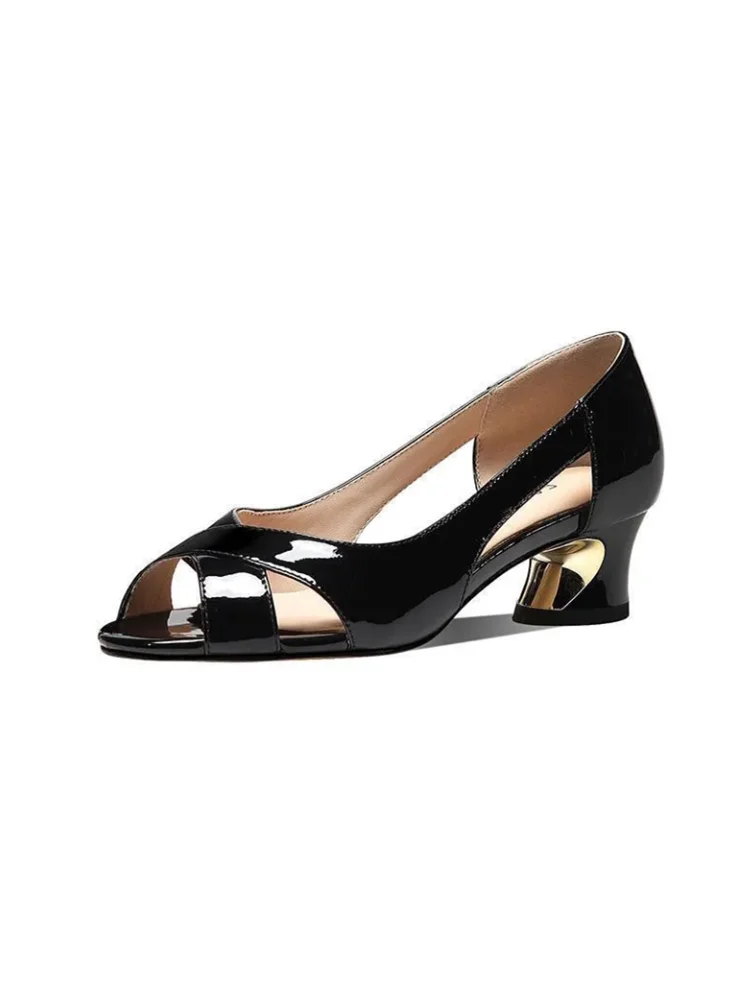 Sapatos Femininas Women Fashion Black Patent Leather Peep Toe Square Heel Shoes Lady Classic White Spring Summer Heel Shoes A160