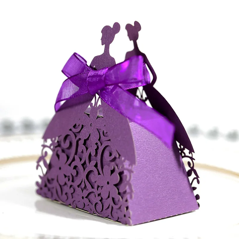 Caja de regalo de dulces para niña, papel de perlas cortado con láser, caja de embalaje de regalo de recuerdo de boda de Chocolate con cinta, decoración de fiesta comprometida, 50 Uds.