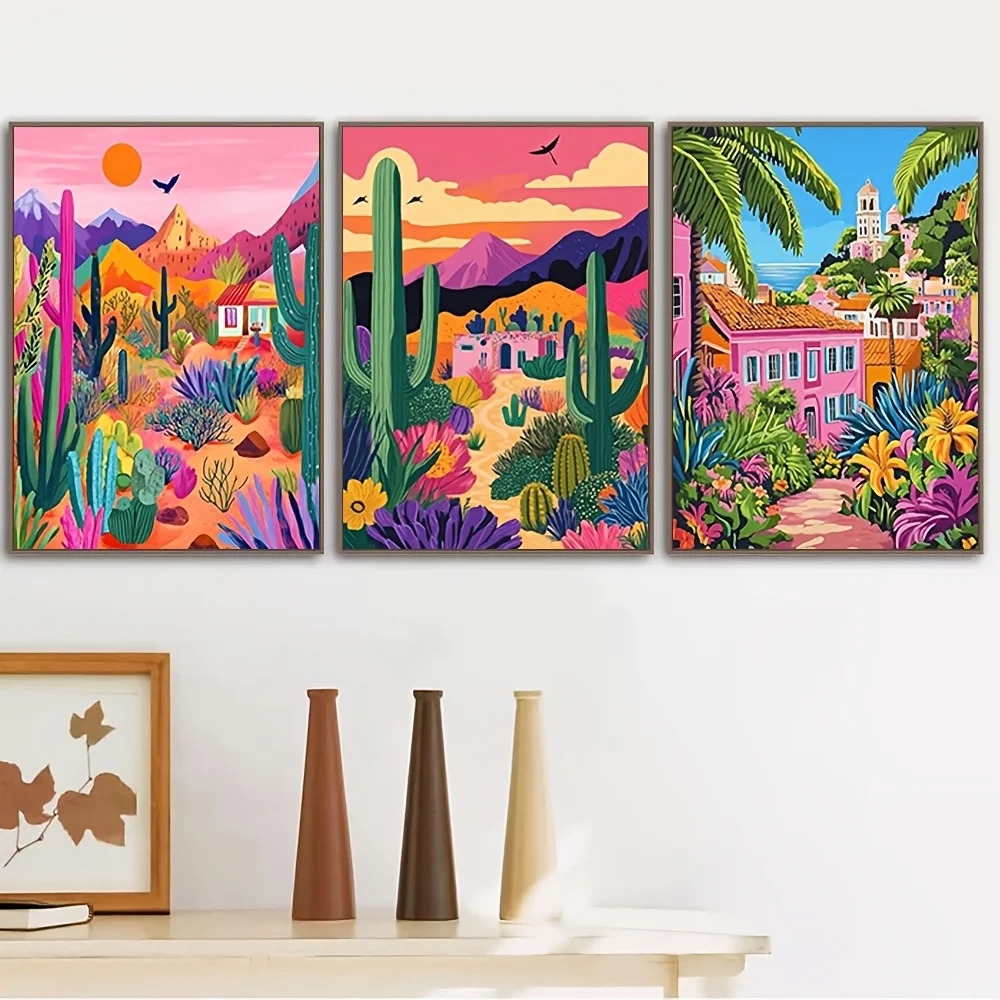 （NoFranme 3PCS）-2D Flat, 2D Flat 3pcs Unframed RICUVED for Adults Framed Canvas Pack Pink Landscape Arts for Beginner Easy De
