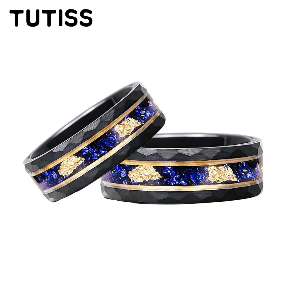 

New 8mm Black Hammered Tungsten Carbide Ring Inlay Blue Glass Stone and Gold Foil Men's Wedding Bands Fashion Engagement Jewelry