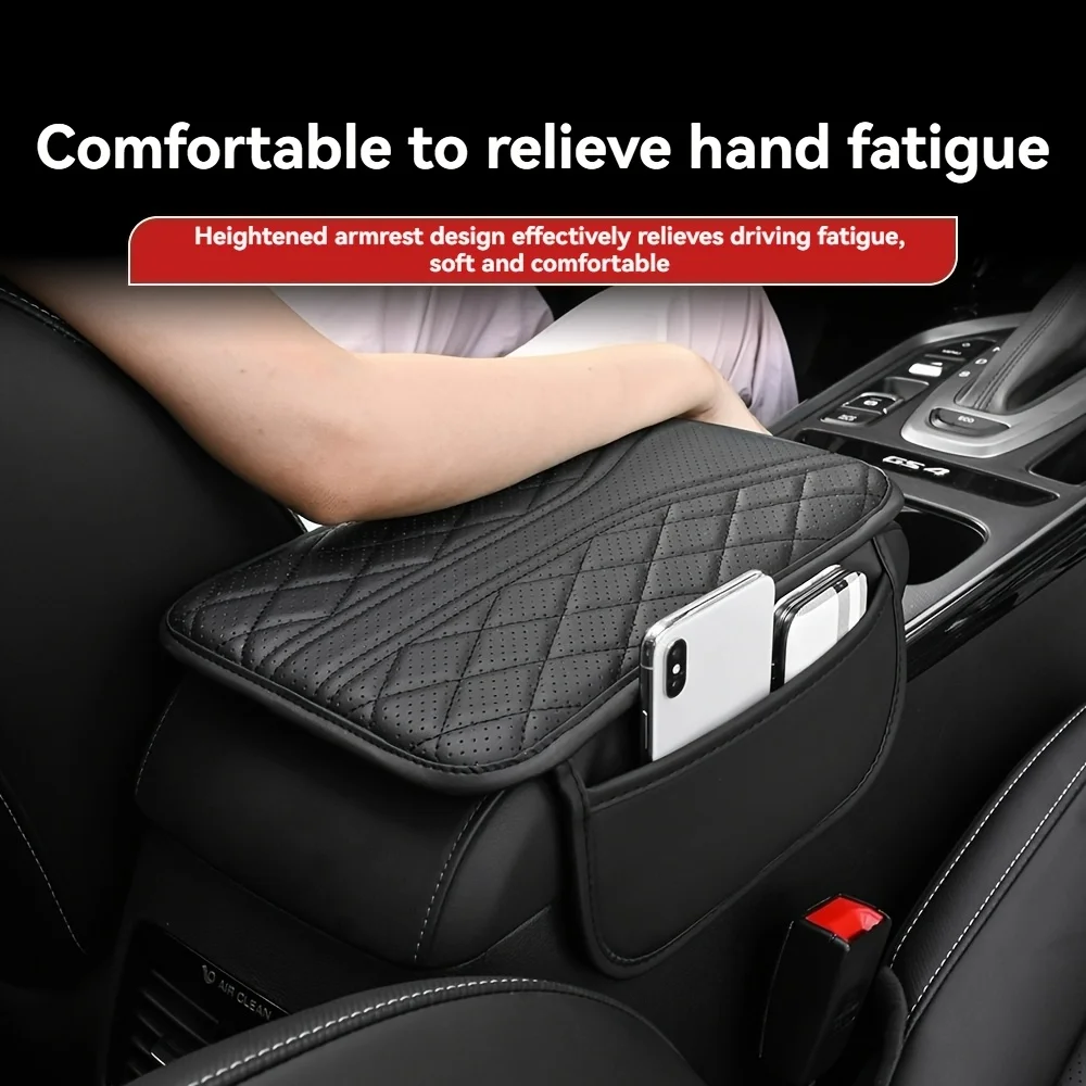 Universal Car Armrest Box Mat, Black PU Leather Armrest Cover with Storage Pocket, Comfortable Elbow Support Cushion for SUV/Tru view 6