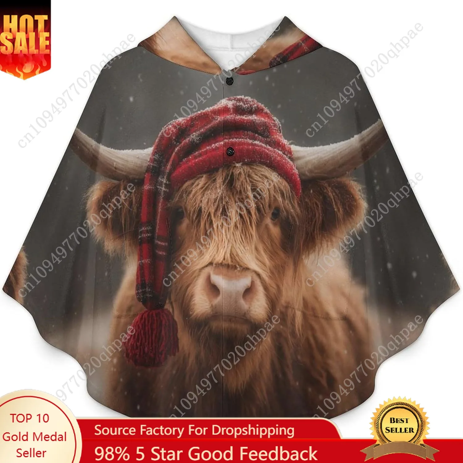 سترة بطانية مريحة من الفلانيل، قبعة حمراء منقوشة بقرة كبيرة الحجم مع جيوب للأطفال والمراهقين #1