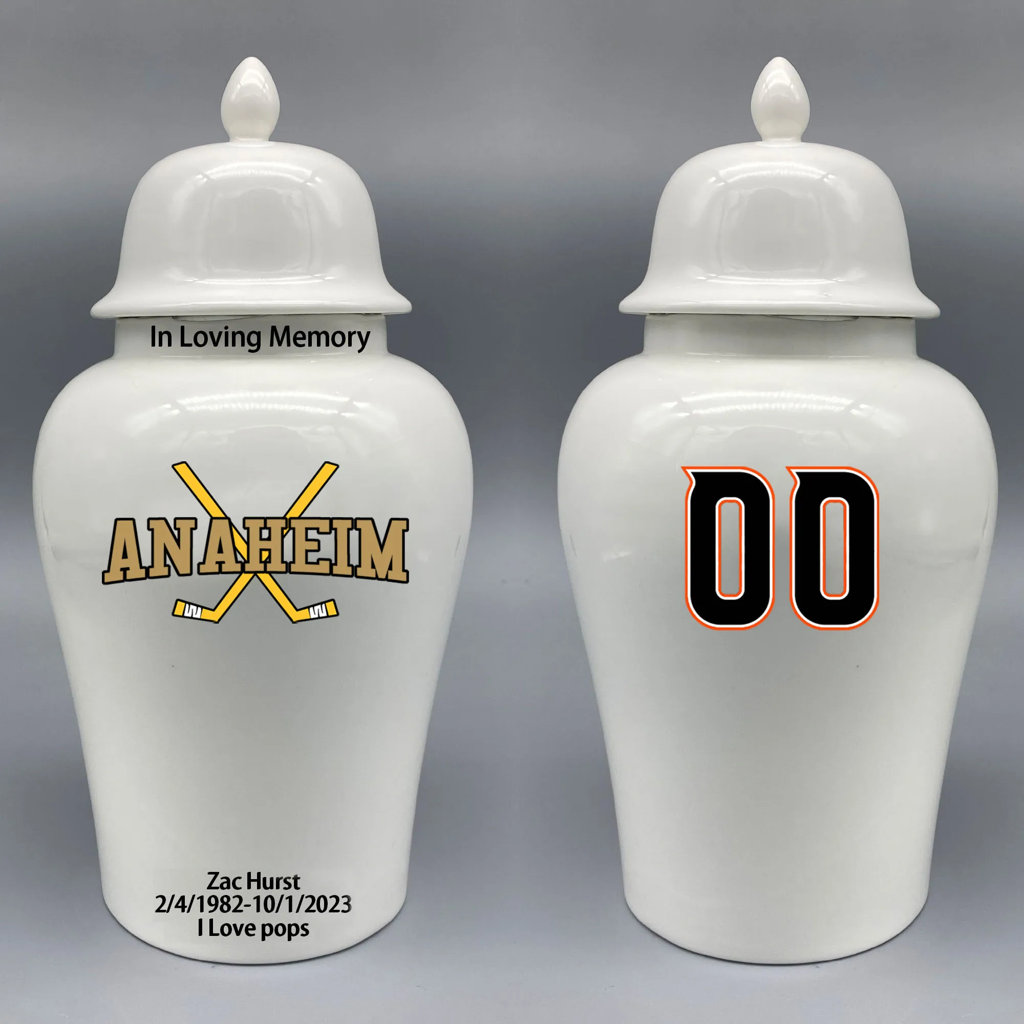 Large Urn for Anaheim Ducks-themed Hockey Urn.Please send me the customize information-name/date and number on the urn