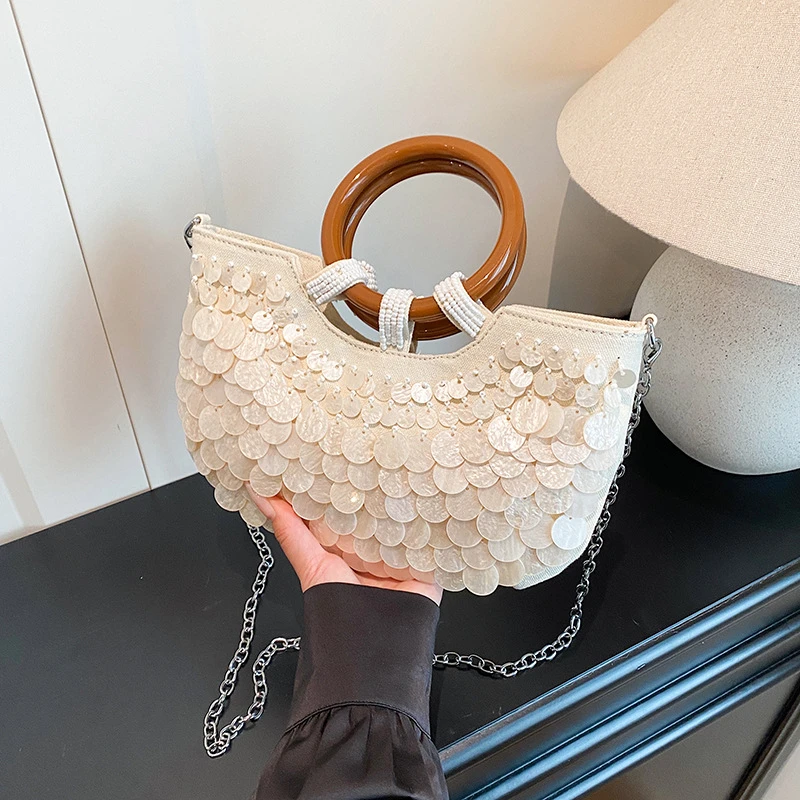 

Элегантная вечерняя сумка-клатч ручной работы с пайетками, деревянной ручкой-кольцом и съемным ремешком-цепочкой для женщин