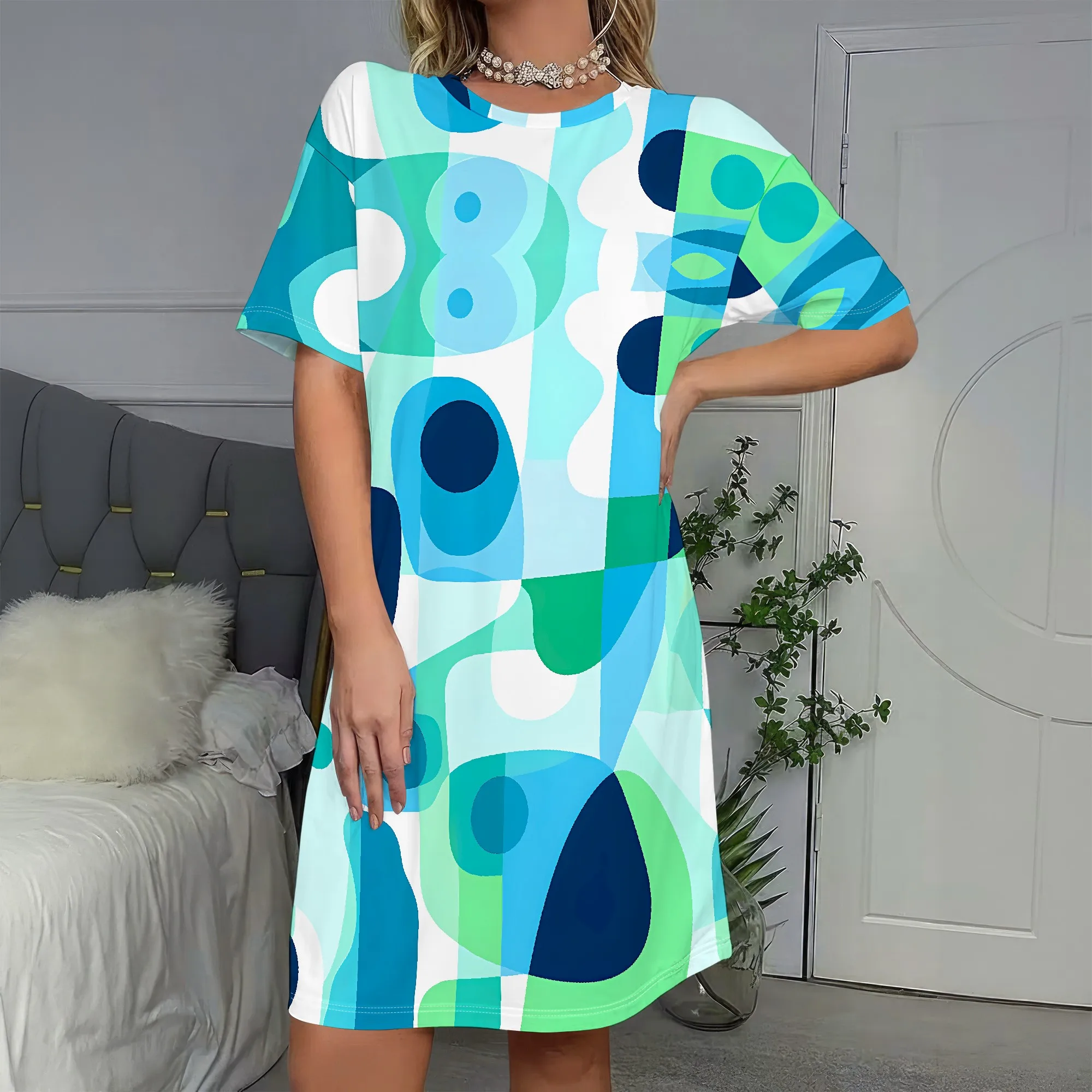

Abstract Blue Green Print Short Sleeve Dress, Retro Geometric Tunic, Summer Casual Shift Dress for Women, S-2XL