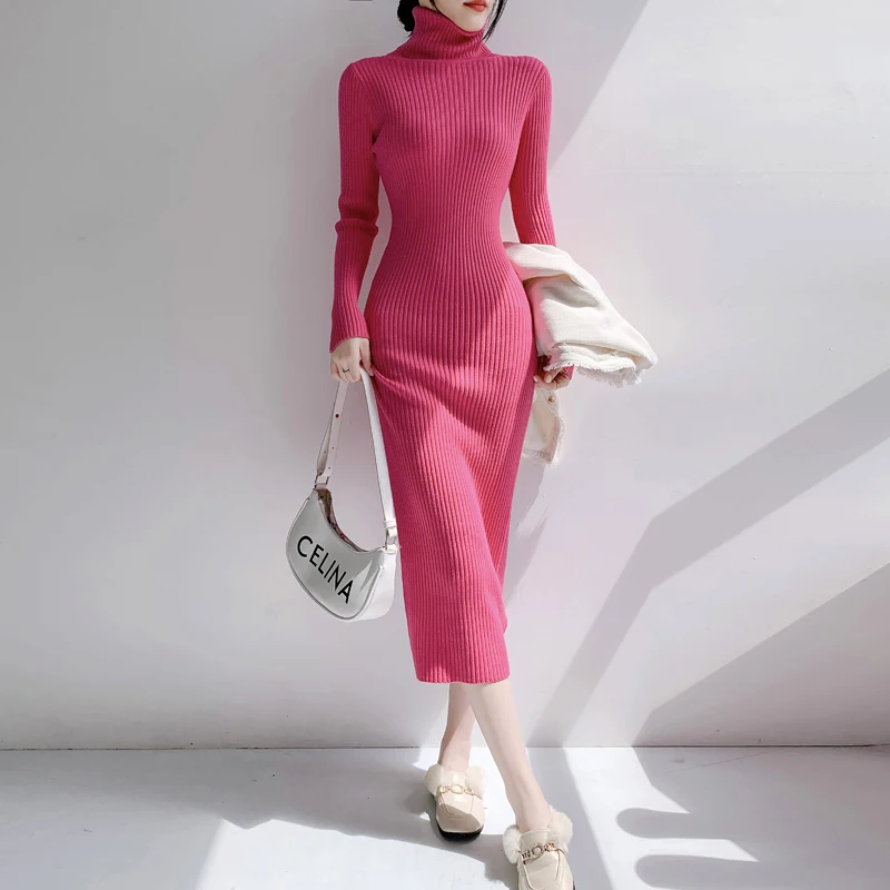 

New Women Autumn Winter Barbie Pink Sweater Dress Fashion Turtleneck Elastic Skinny Long Sweater Elegant Sexy Slim Dress