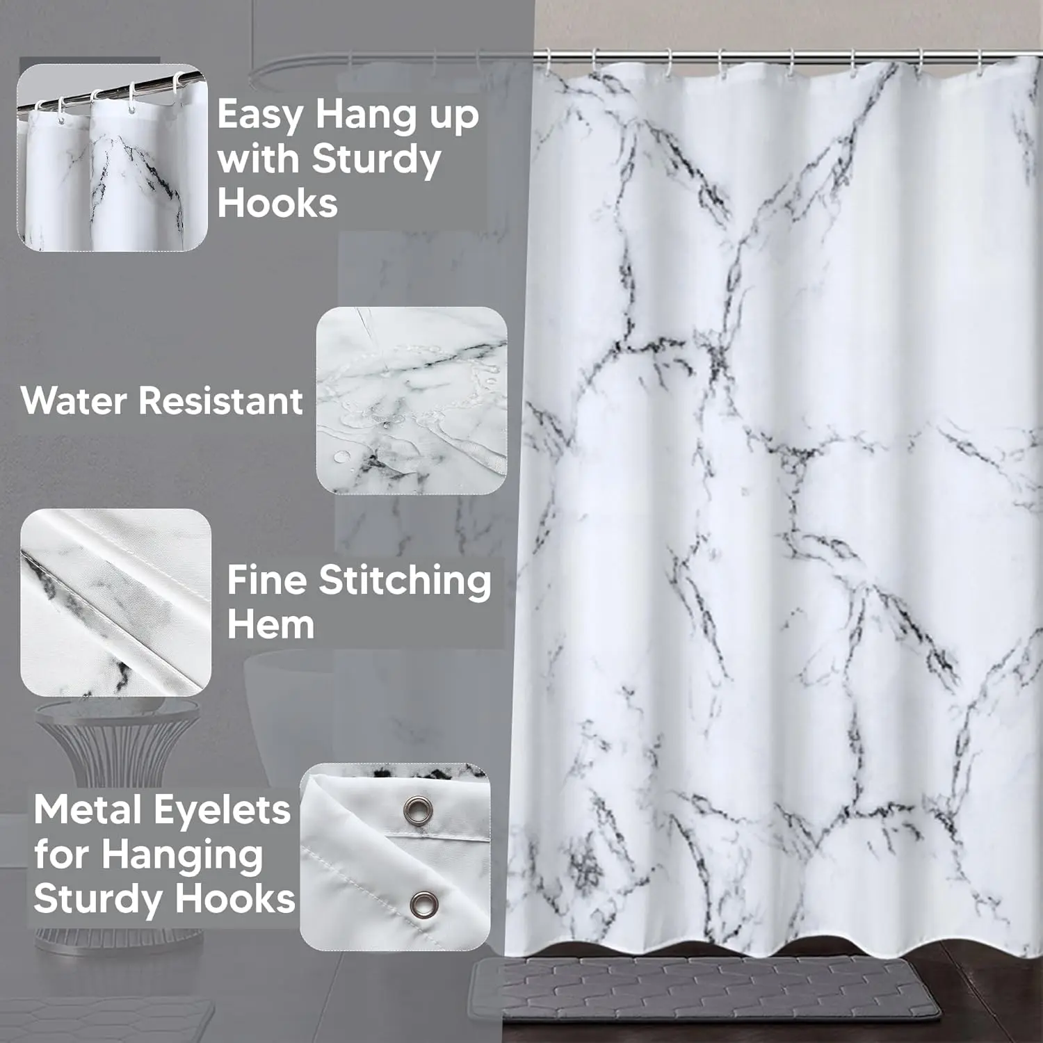 1pc Marble Printed Fabric Shower Curtain with Metal Grommets, Polyester Bath Curtain Widow Curtain Bathroom Decor & Accessories