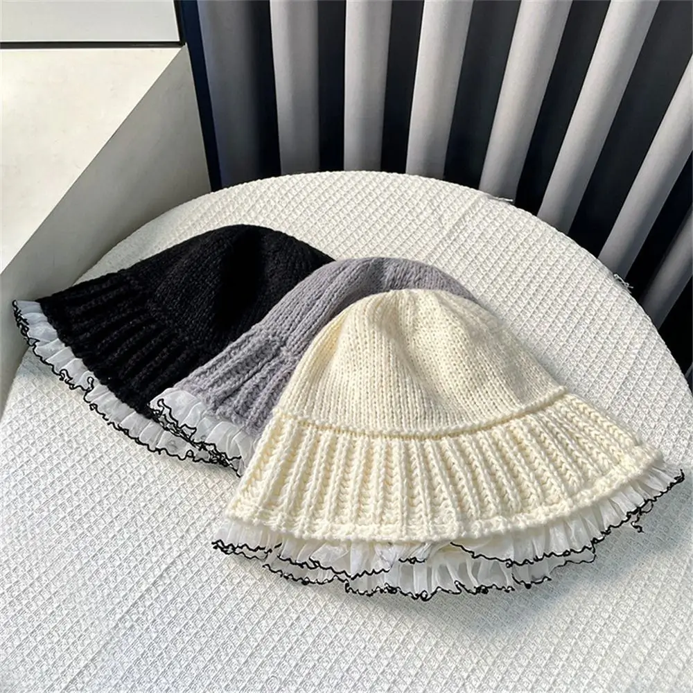 New Keep Warm Bucket Hat Knitted Big Brim Basin Cap Windproof Coldproof Lace Ear Protection for Women Girls